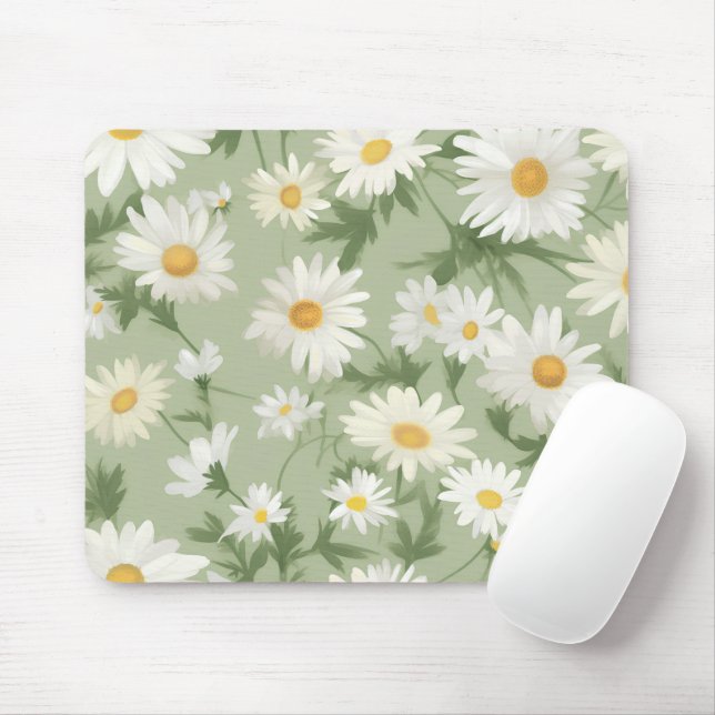 Tapis De Souris Marguerites blanches sur Sage Green (Avec souris)