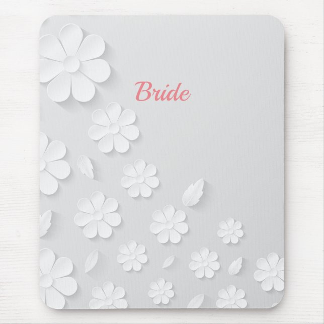 Tapis De Souris Mariée, blanche sur motif floral blanc. (Devant)