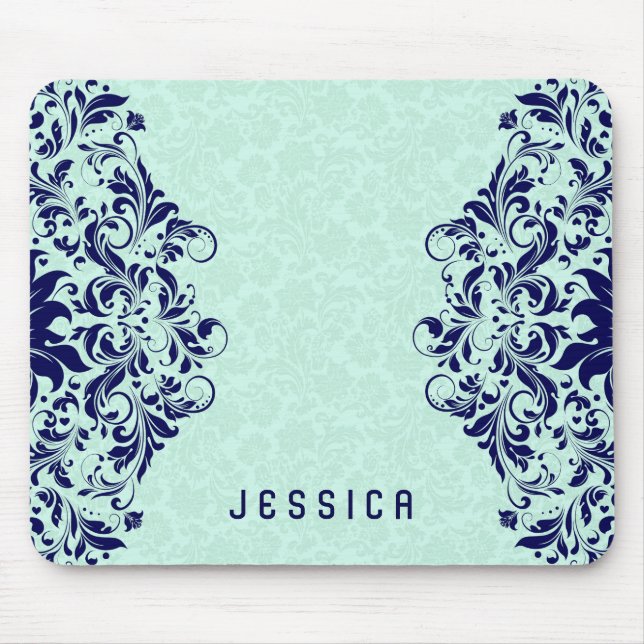 Tapis De Souris Marine Blue Lace Mint Green Damas (Devant)