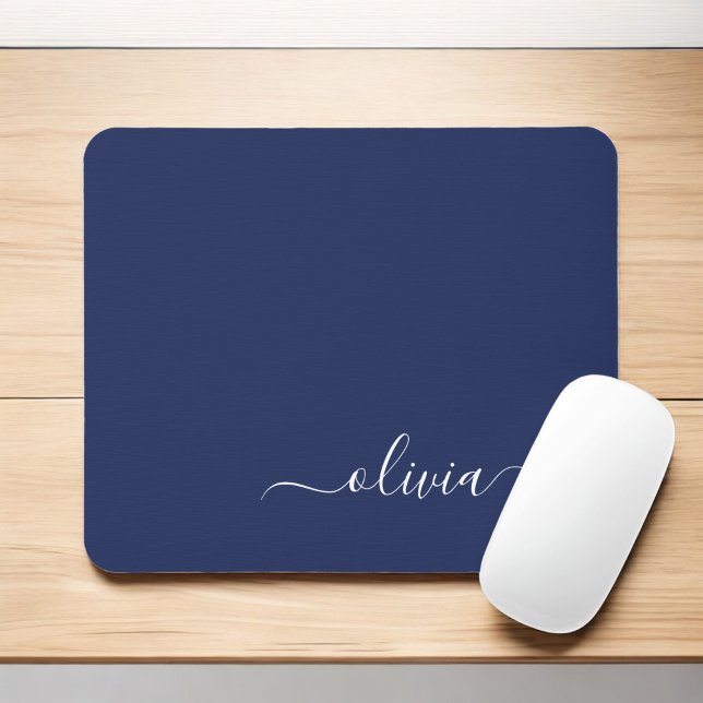 Tapis De Souris Marine Blue White Girl Script Monogramme Nom Moder (Créateur téléchargé)