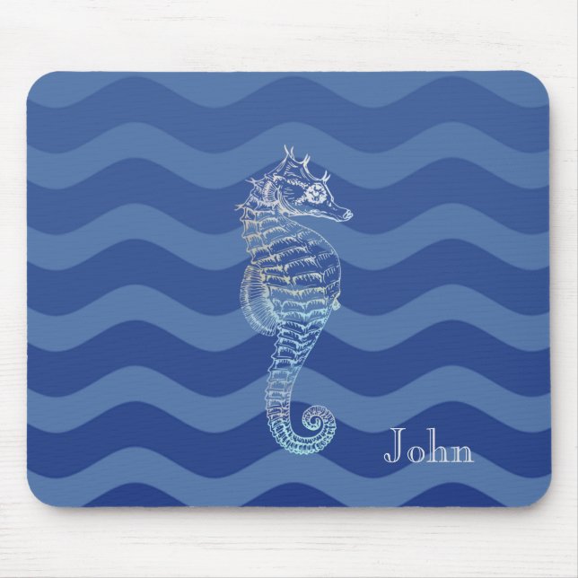 Tapis De Souris Marine Nautique Bleu Stripe Vagues Seahorse (Devant)