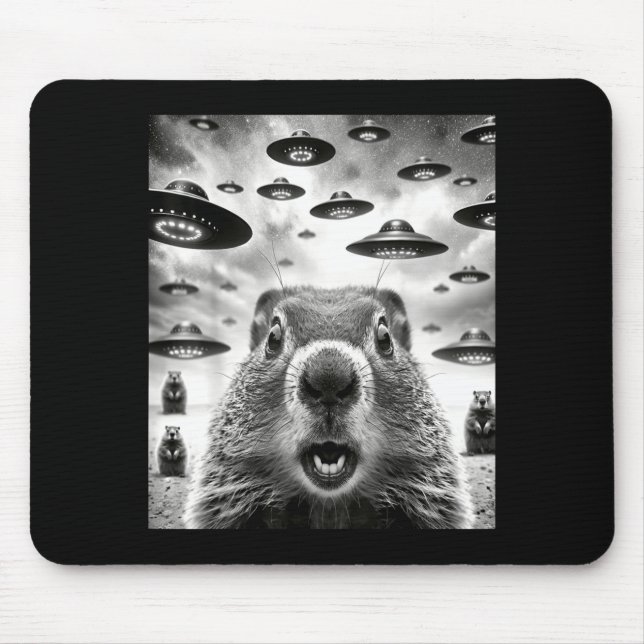 Tapis De Souris Marmottes Bizarres Selfie Avec Un Ovni Alien Drôle (Devant)
