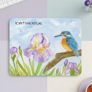 Tapis De Souris Martin-pêcheur à l'aquarelle avec iris violets 