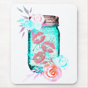 Tapis De Souris Mason jarre fleur papillon baiser mignon lèvre ros
