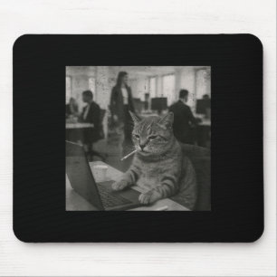 Tapis De Souris Mème de chat drôle Fumer la cigarette au travail H