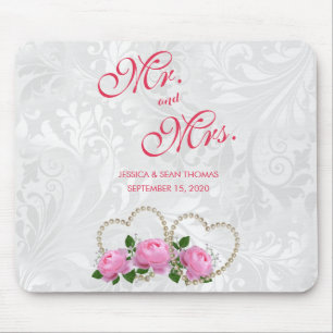 Tapis De Souris Mémoire de mariage en damas de coeurs et roses de