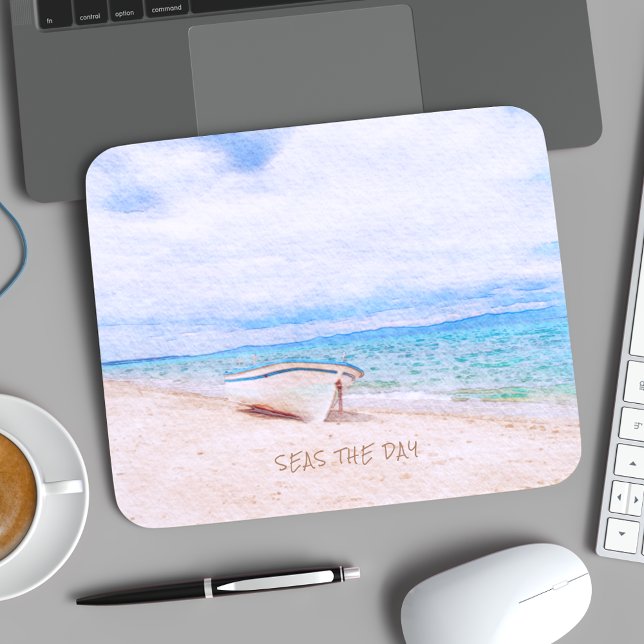 Tapis De Souris Mer Le Jour Aquarelle Plage Bateau de pêche (Créateur téléchargé)
