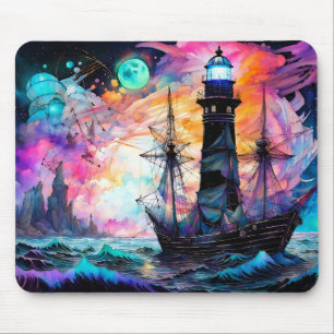 Tapis De Souris Mer orageuse, phare de bateau Lune Abstrait