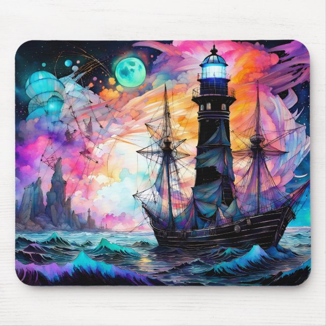 Tapis De Souris Mer orageuse, phare de bateau Lune Abstrait (Devant)