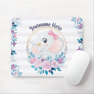 Tapis De Souris Mère et bébé Eléphant rose Fleur Flush Wreath