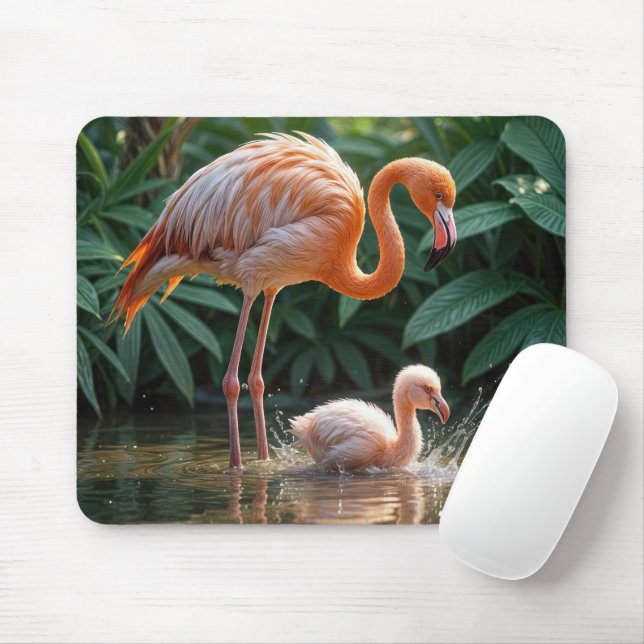 Tapis De Souris Mère Flamant rose avec poussin (Avec souris)