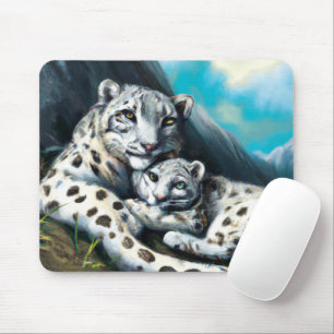 Tapis De Souris Mère léopard des neiges et petit-déjeuner dans les