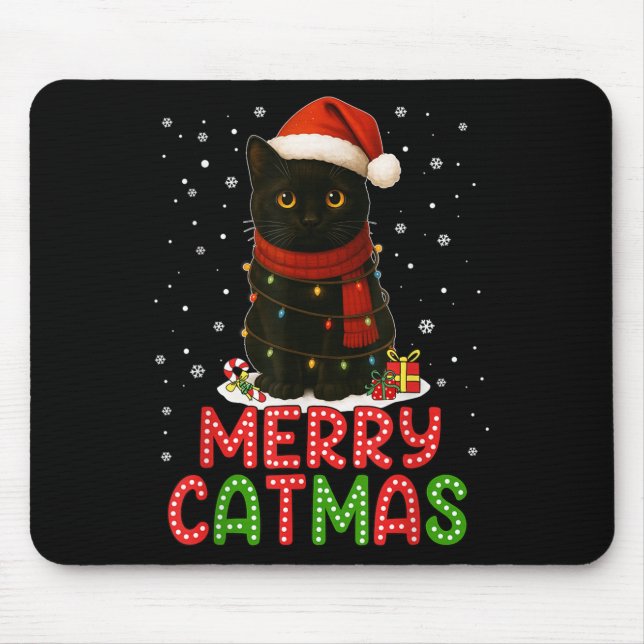 Tapis De Souris Merry Catmas Santa Hat Funny Black Cat Christmas W (Devant)