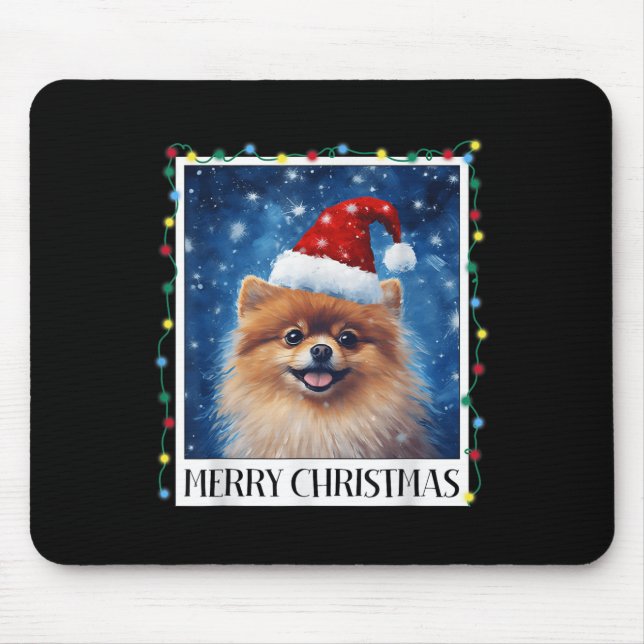 Tapis De Souris Merry Christmas Meranian Santa Hat Xmas Dog Lights (Devant)