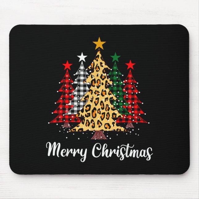 Tapis De Souris Merry Christmas Trees With Buffalo Plaid &amp; Leo (Devant)