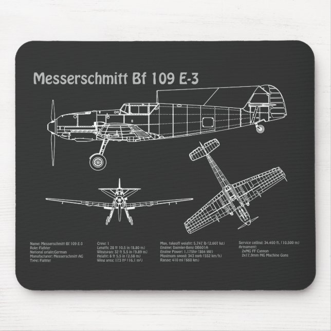 Tapis De Souris Messerschmitt Bf 109 - Plan d'avion PD (Devant)