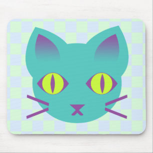 Tapis De Souris Mignon Chat Kitty Anime Bleu & Vert à Damier