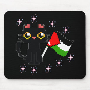 Tapis De Souris mignon chat noir tient drapeau de la Palestine