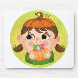 Tapis De Souris Mignonne fille en costume d'Halloween Citrouille