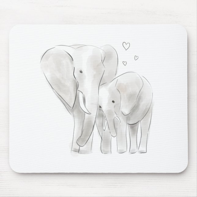 Tapis De Souris Mignonne maman éléphante et croquis bébé aquarelle (Devant)