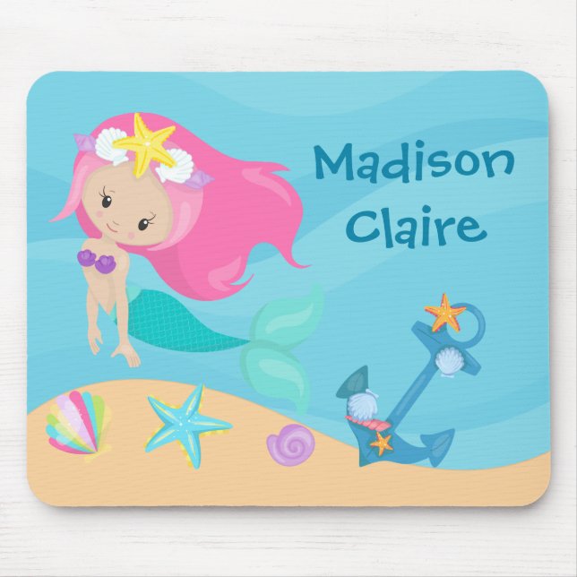 Tapis De Souris Mignonne Mermaid Beach Girl Cheveux Rose Enfants P (Devant)