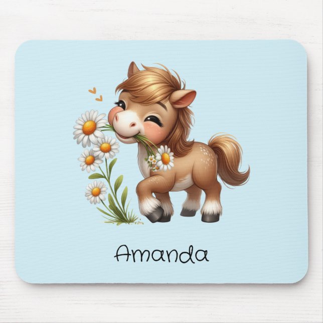 Tapis De Souris Mignonne Pony Mange Manger Des Marguerites (Devant)