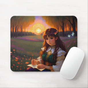 Tapis De Souris Mignonne Sad Anime Style Femme dans le pré au couc