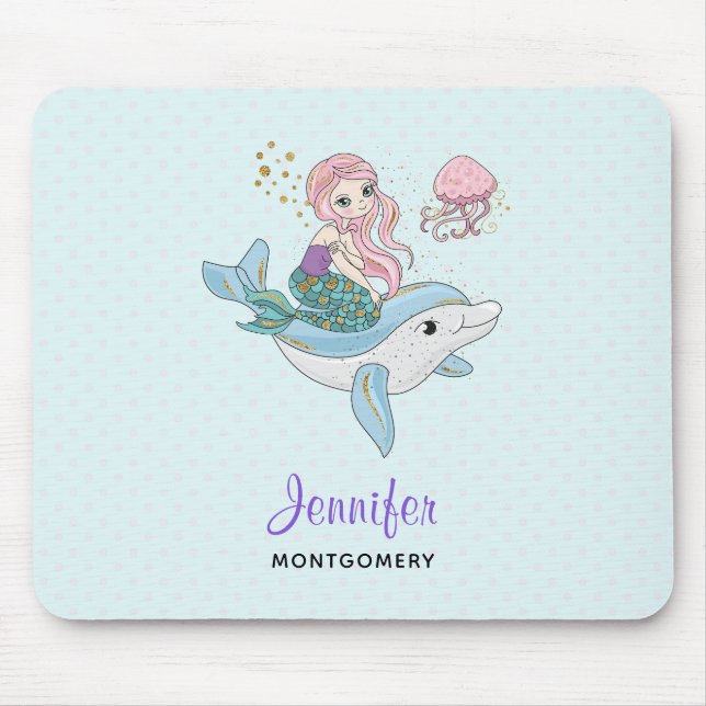 Tapis De Souris Mignonne sirène chevauchant un dauphin sous la mer (Devant)