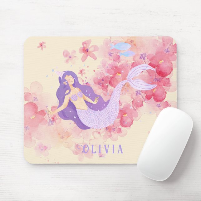 Tapis De Souris Mignonne sirène rose sous la mer pour les petites  (Avec souris)