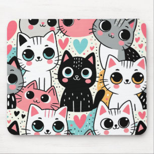 Tapis De Souris Mignons visages de chat Kawaii et cœurs fantaisist