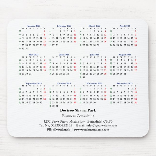 Tapis De Souris Mini Calendrier 2023 Lundi ISO Semaine Blanc (Devant)