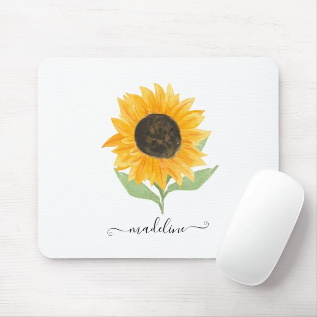 Tapis De Souris Minimal Rustic Sunflower Personalized Name Script (Avec souris)