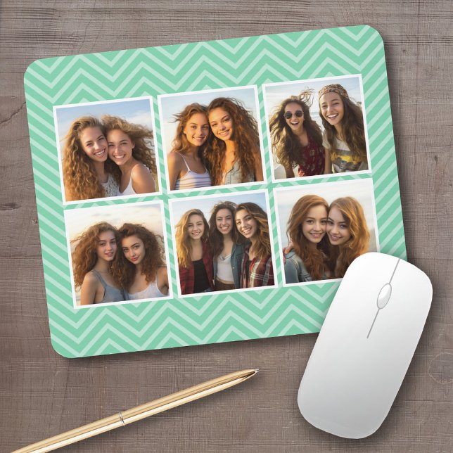 Tapis De Souris Mint Chevron Motif avec Collage photo 6 tendance (Personalized mousepad - add your photos and custom text)