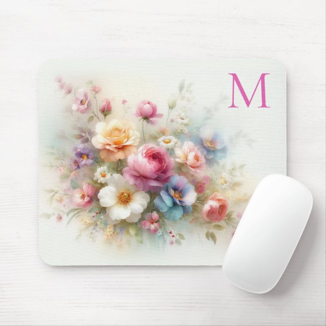 Tapis De Souris Modèle de monogramme floral aquarelle coloré perso (Avec souris)