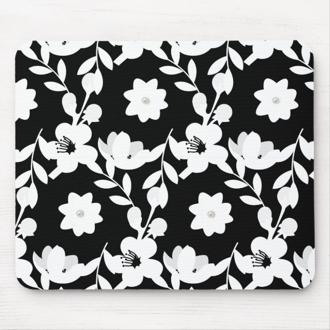 Tapis De Souris Modèle floral vectoriel noir et blanc (Devant)