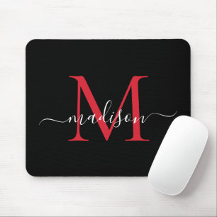 Tapis De Souris Modern Black Burgundy Red Monogram Girly Script