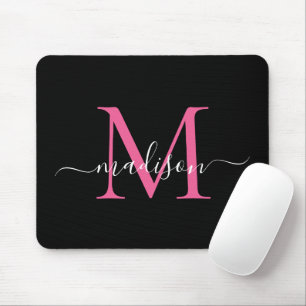 Tapis De Souris Modern Black Pink Monogram Elegant Girly Script
