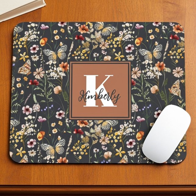 Tapis De Souris Modern Boho Floral Monogram Name (Créateur téléchargé)