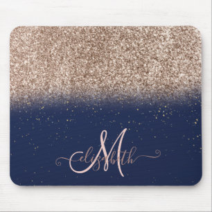Tapis De Souris Modern Glitter Ombre Rose Gold Monogram Navy Blue