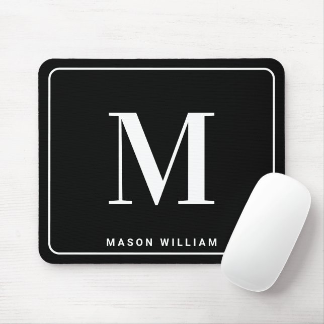 Tapis De Souris Modern Minimalist Monogram & Name - Stylish Black (Avec souris)