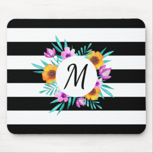 Tapis De Souris Modern Watercolor Floral Black Stripes Monogram