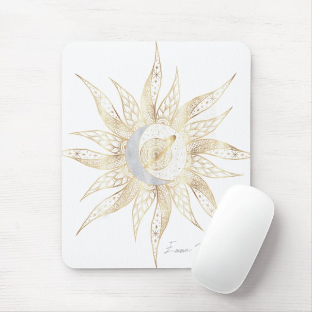 Tapis De Souris Moderne Blanc Or Soleil Lune Planète Universe Mand (Avec souris)