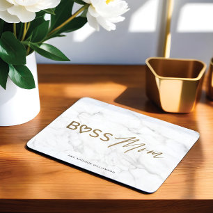 Tapis De Souris Moderne Boss Maman Design Or & Blanc Gris Marbre