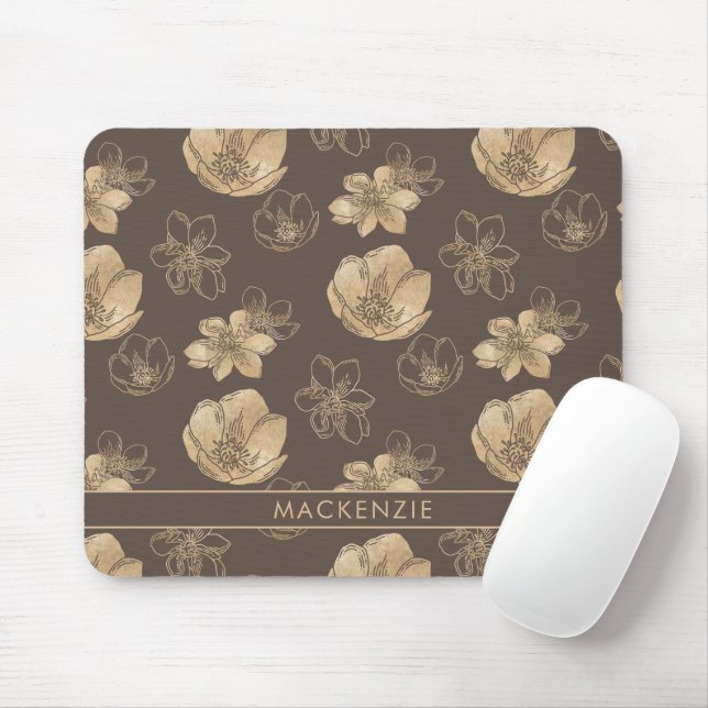 Tapis De Souris Moderne Chic Boho Gold Foil Motif Floral (Avec souris)