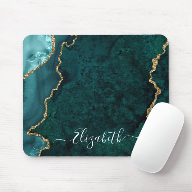Tapis De Souris Moderne Elegant Aquarelle Marbre Turquoise Géode O (Avec souris)
