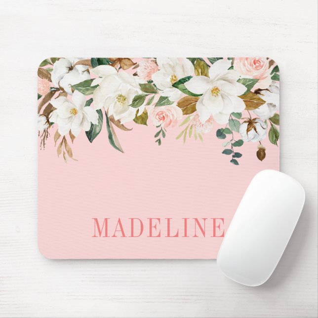 Tapis De Souris Moderne Elégant Aquarelle tendance Magnolias (Avec souris)