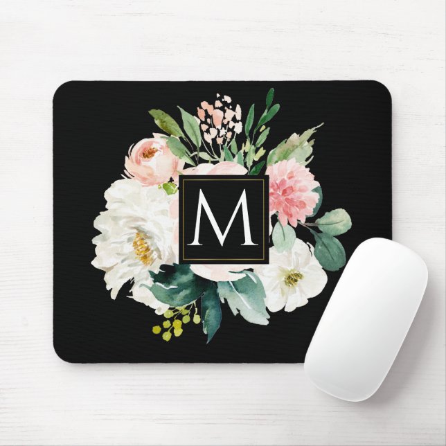 Tapis De Souris Moderne élégant Monogram aquarelle florale (Avec souris)