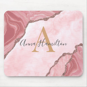 Tapis De Souris Moderne Elégant rose pâle Agate Géode Monogramme M