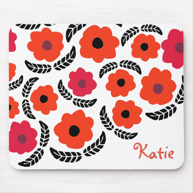 Tapis De Souris Moderne Orange et Flore Rouge Personnalisé (Devant)