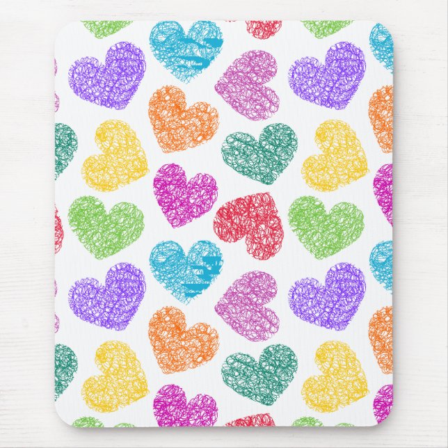 Tapis De Souris Moderne Vibrant Rainbow Doodle Hearts mignon Motif (Devant)